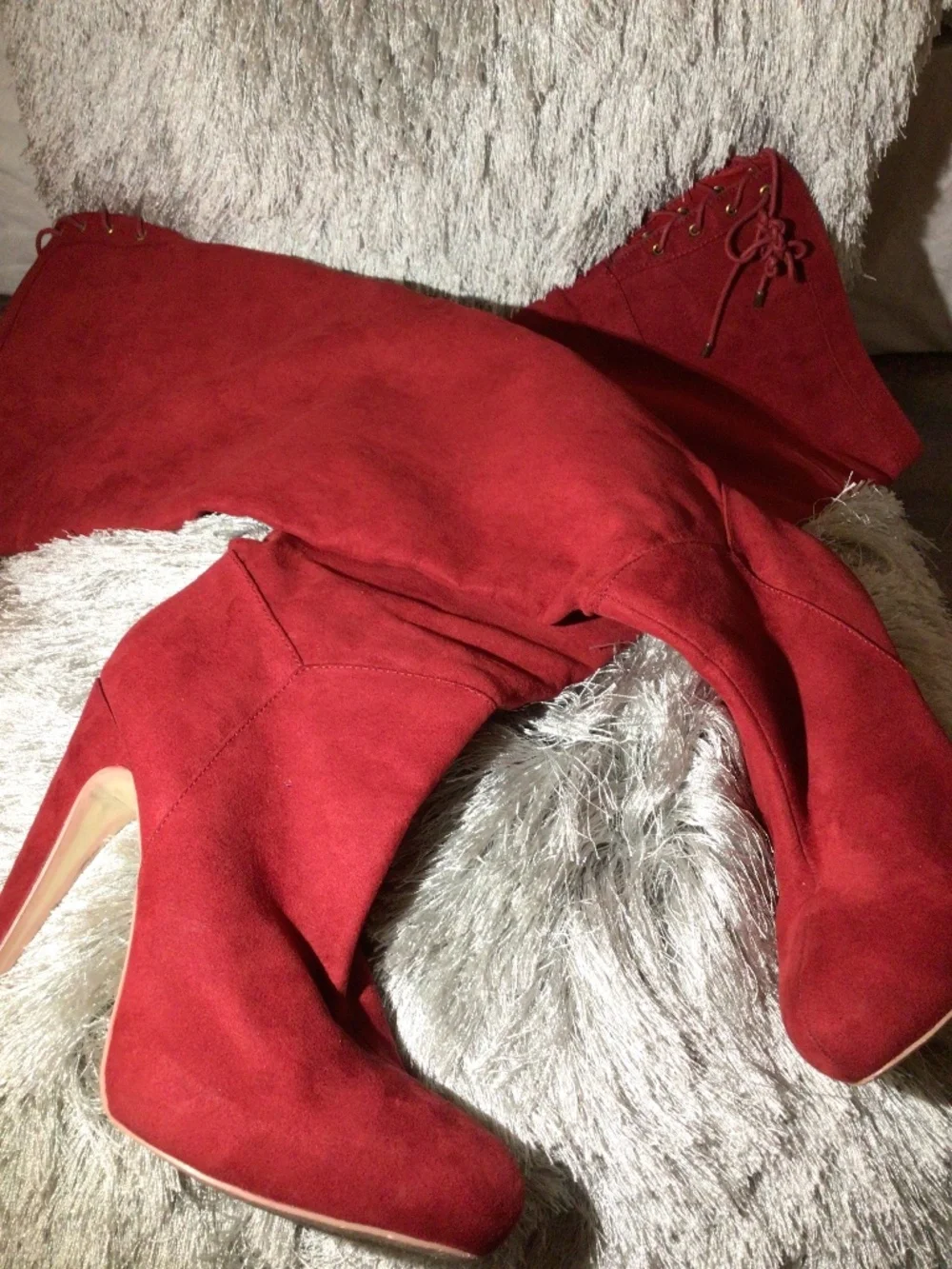 Candy Apple Red suede gold tip lace tie thigh high heeled boot
